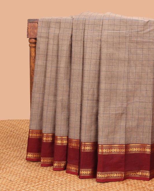 Grey checked chettinad cotton saree with contrast zari design, ganga jamuna border