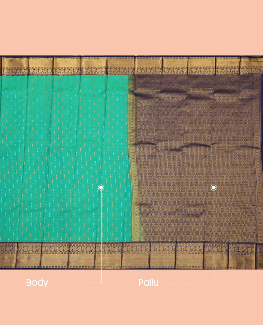 Green Budget Silk Saree, Embellished with Zari Buttas All Over Its Body, Complemented by a Contrast Traditional Zari Design Border, Grand Pallu, and Paired with a Contrast Blouse
