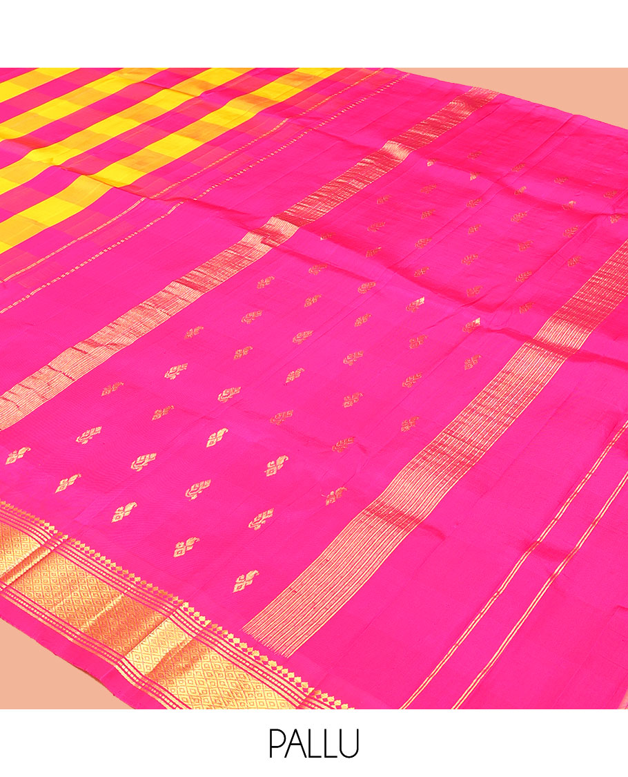 Multi-Color Checked Kanchipuram Silk Saree, a One-Sided Zari Border of Paneer Sombu, Banaras, Muthu, and Mayil Kann Designs, Zari Design Pallu, and No Blouse