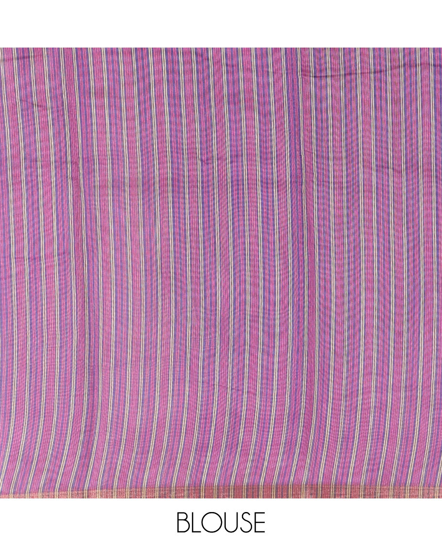 Rani pink small buttas printed Linen cotton saree, contrast double-sided temple border, striped pallu, and vertically striped blouse