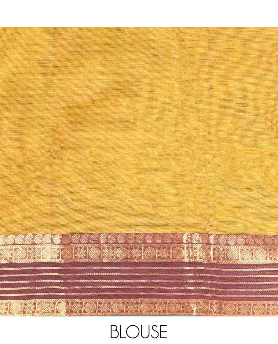 Mustard Plain Chettinad Cotton Saree, Complemented by Contrast Traditional Zari Border, Pallu of Stripes, and Paired with a Matching Blouse