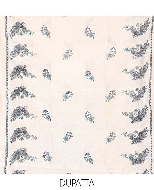 Blue Material Chudidhar Set, Adorned with Ikkat Weave and Neck Peacock Patchwork Handloom Cotton Top, Cotton Plain Bottom, and Contrast Chanderi Silk Peacock Printed Dupatta