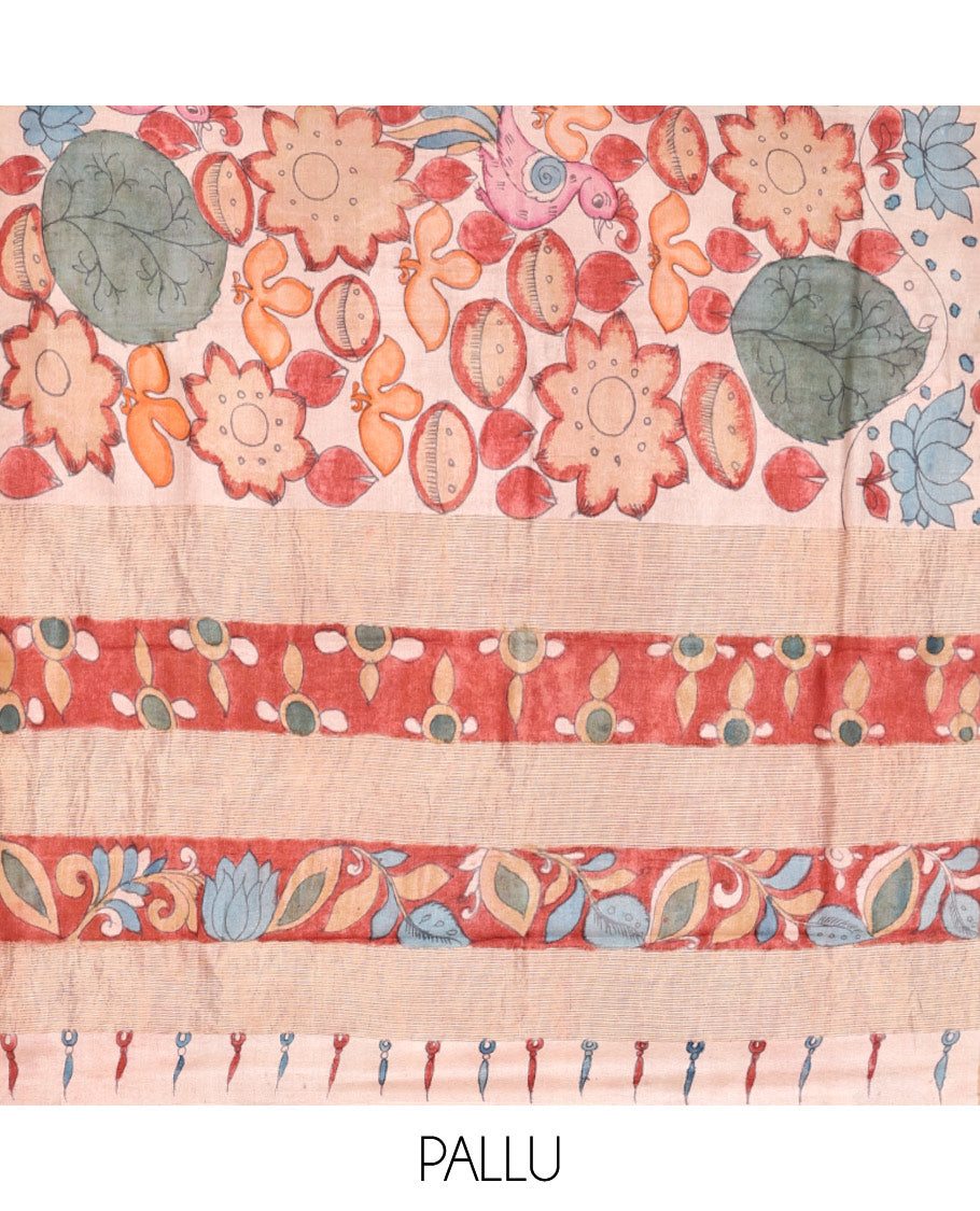 Sandal Floral Motif Pen Kalamkari Silk Saree, a Zari Border, Floral Motifs Pallu, a Matching Blouse