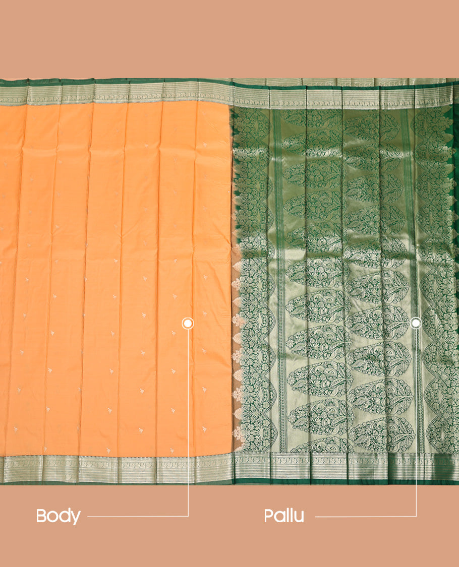 Orange Budget Silk Saree, Woven with Zari Buttas All Over Its Body, Complemented by a Contrast Traditional Zari Design Border, Intricately Designed Pallu, and Paired with a Contrast Blouse