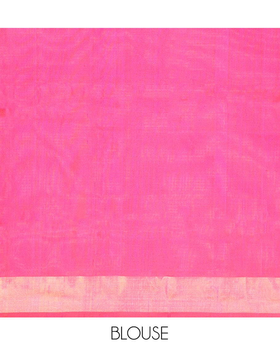 Rani Pink Uppada Saree, Enriched with Floral Vine Weave, a Subtle Zari Border, a Gleaming Zari Pallu, and a Matching Blouse