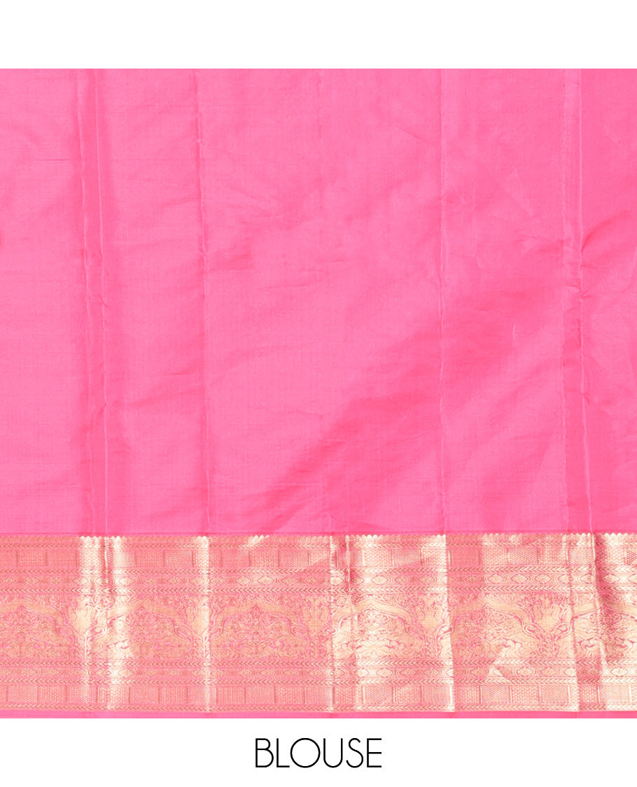 Green Vasundhara Silk Saree, Delicately Woven with Zari Buttas, Contrast Border of Thilakam, Kathir, Mayil Kann, Cross Kamalam, and Yaali Designs, Grand Pallu, and Contrast Blouse