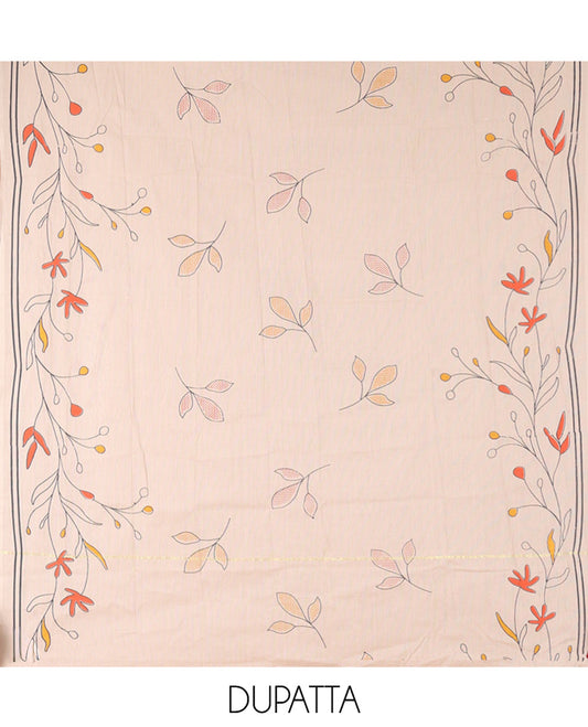 Dark Grey Handloom Cotton Material Chudidar Set, Accentuated with Floral Design Print On Its Top, Complemented by Contrast Bottom, and Paired with a Contrast Floral Printed Dupatta