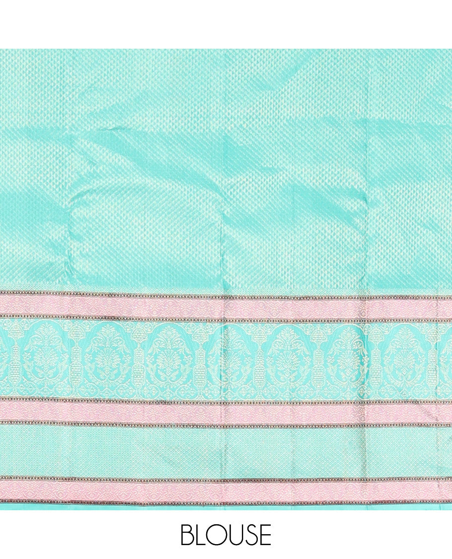 Red Kanchipuram Designer Silk Saree, Subtly Adorned with Buttas All Over Its Body, Complemented by a Captivating Contrast Border of Mughal-Style Designs, Geometric-Patterned Zari-Woven Pallu, and Paired with a Contrast Blouse