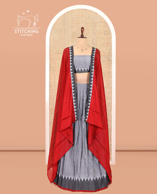 Grey Mercerised Cotton Half-Saree, Plain Skirt, a Temple Border, a Matching Blouse, Contrast  Dhavani