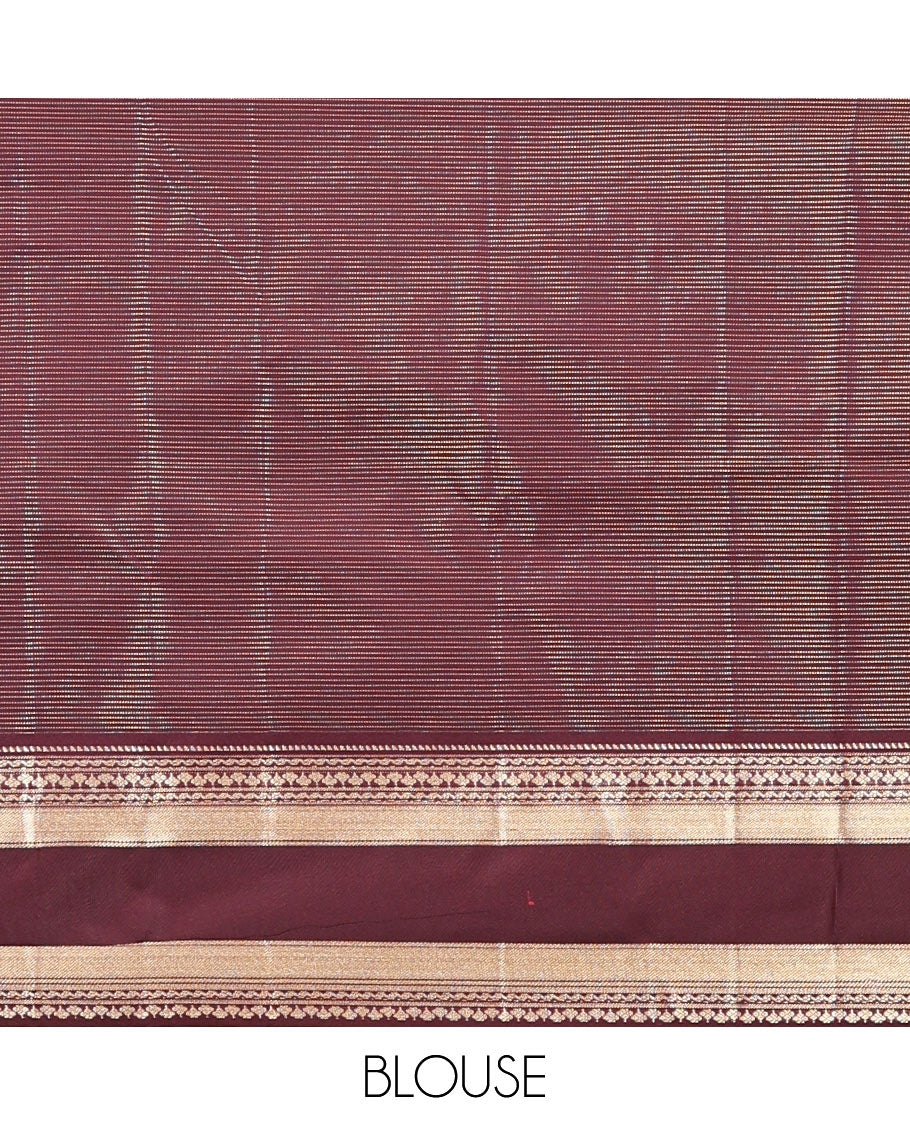 Reddish Orange and Coffee Brown Budget Silk Saree, Ornamented With Zari Buttas and Vaira Oosai Stripes All Over Its Body, Complemented by Contrast Traditional Zari Rettai Pettu Border, Grand Pallu, and Paired with a Contrast Blouse