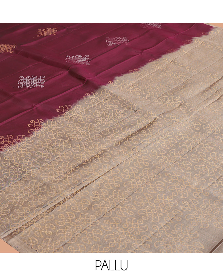 Borderless Magenta Mayuri Lite Silk Mix Saree, Embellished with Kolam Zari Buttas, a Contrast Kolam Pallu, and a Contrast Blouse