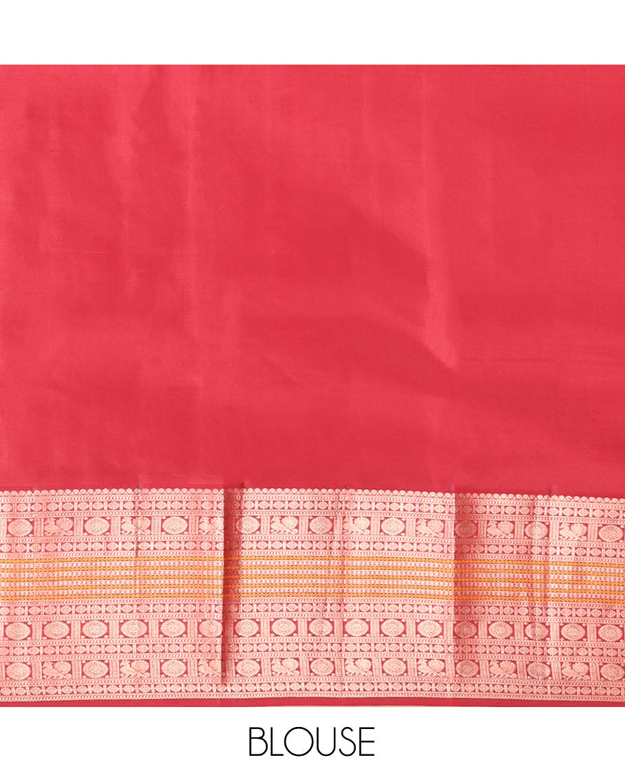 Yellow Vasundhara Silk Saree, Finely Crafted with Zari Buttas, Contrast Border of Thilakam Mokku, Muthu, Mayil, Chakram, Neli, and Kuthirai Designs, Jaal Pallu, and a Contrast Blouse