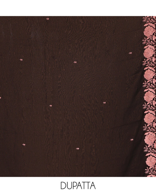 Black and Pink Material Chudidhar Set, Elevated with Floral Thread Embroidered Fox Georgette Top, Plain Santoon Bottom, and Fox Georgette Scallop Dupatta with Floral Thread Embroidery