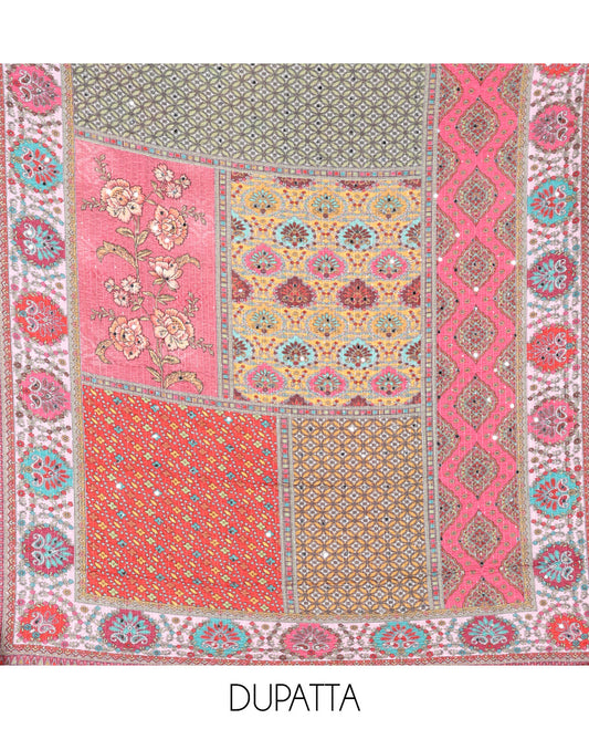 Onion Pink Material Chudidar Set Adorned with Schiffli Embroidery Georgette Top, Subtly Made Plain American Crepe Bottom, and Chinon Dupatta Featuring Kaleidoscopic-Colored Floral, Geometric, and Mughal Motifs Print and Mirror Work