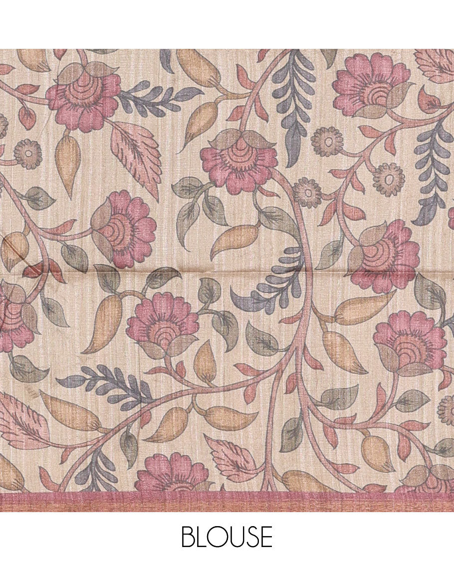 Onion pink circle abstract printed fancy tussar saree, tissue border, pallu of kalamkari peacock print, and kalamkari floral printed blouse