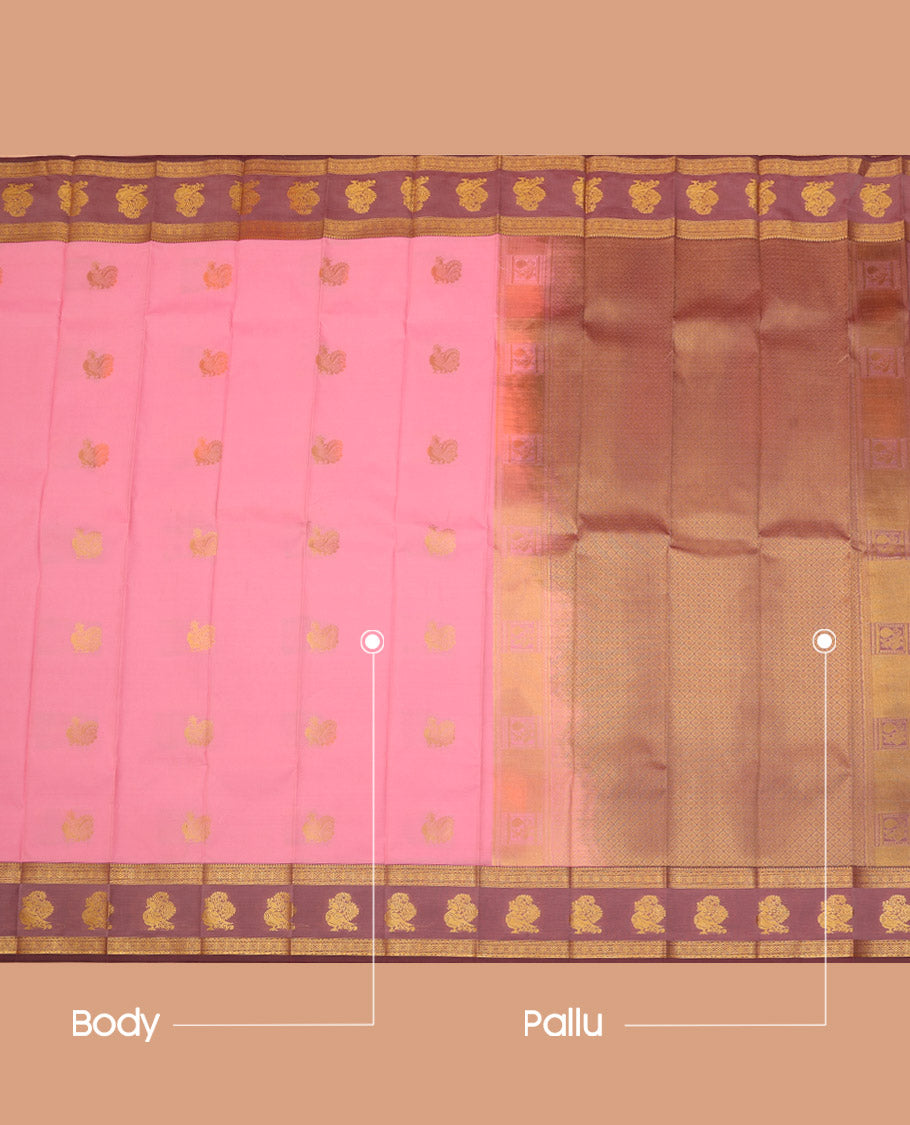 Pink Budget Silk Saree, Highlighted with Zari Buttas on Its Body, Complemented by a Contrast Traditional Zari Border of Peacock Designs, Grand Jaal Pallu, and Paired with a Contrast Blouse
