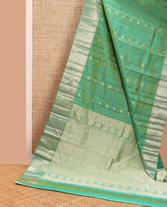 Green elephant, floral design kancheepuram silk saree with self intricate zari design border & geometric design pallu