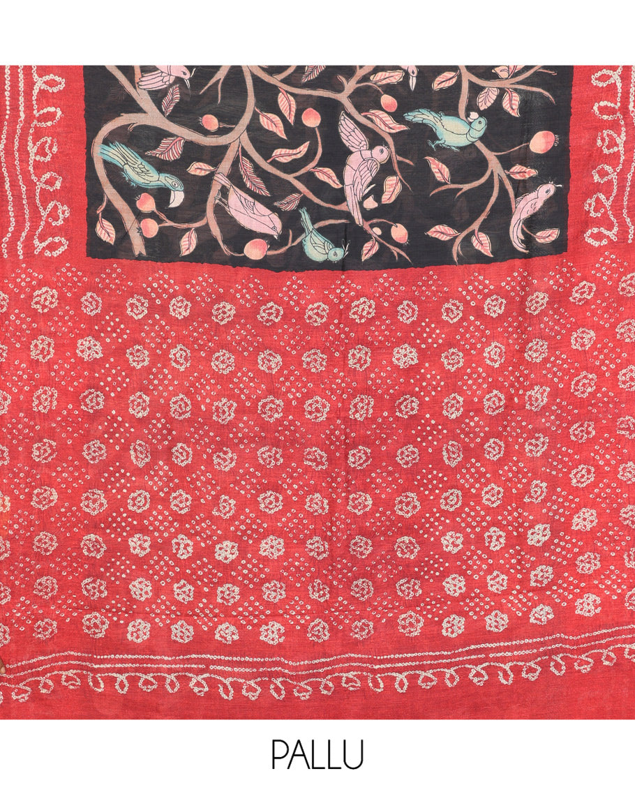 Black Fancy Tussar Saree Features Kalamkari Floral and Animal Print, Contrast Bandhani Border, Bandhani Pallu, and a Contrast Blouse