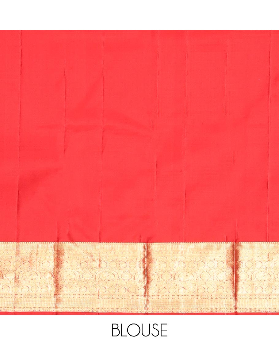 Peach Kanchipuram Wedding Silk Saree, Accentuated with Paisley Jacquard Design, Contrast Border of Thilakam, Kodi Visiry, Laddu Kamalam, and Manga, Jaal Pallu, and a Contrast Blouse