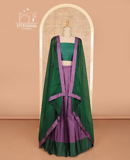 Purple checked cotton half saree with contrast border, plain blouse & plain dhavani