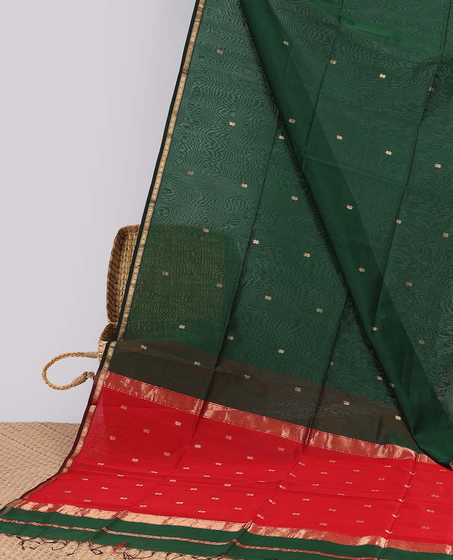 Green floral motifs maheswari cotton saree with contrast zari border & floral motifs pallu