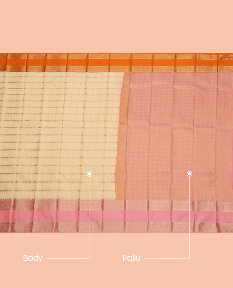 Cream Zari Striped Budget Silksaree,Contrast Ganga Jamuna Rettai Pettu Border,Jaal Pallu, Contrast Blouse
