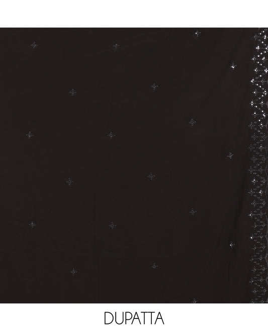 Black Georgette Material Churidar, Woven with Sequins Embroidered Top, a Matching Bottom, and Embroidered Dupatta