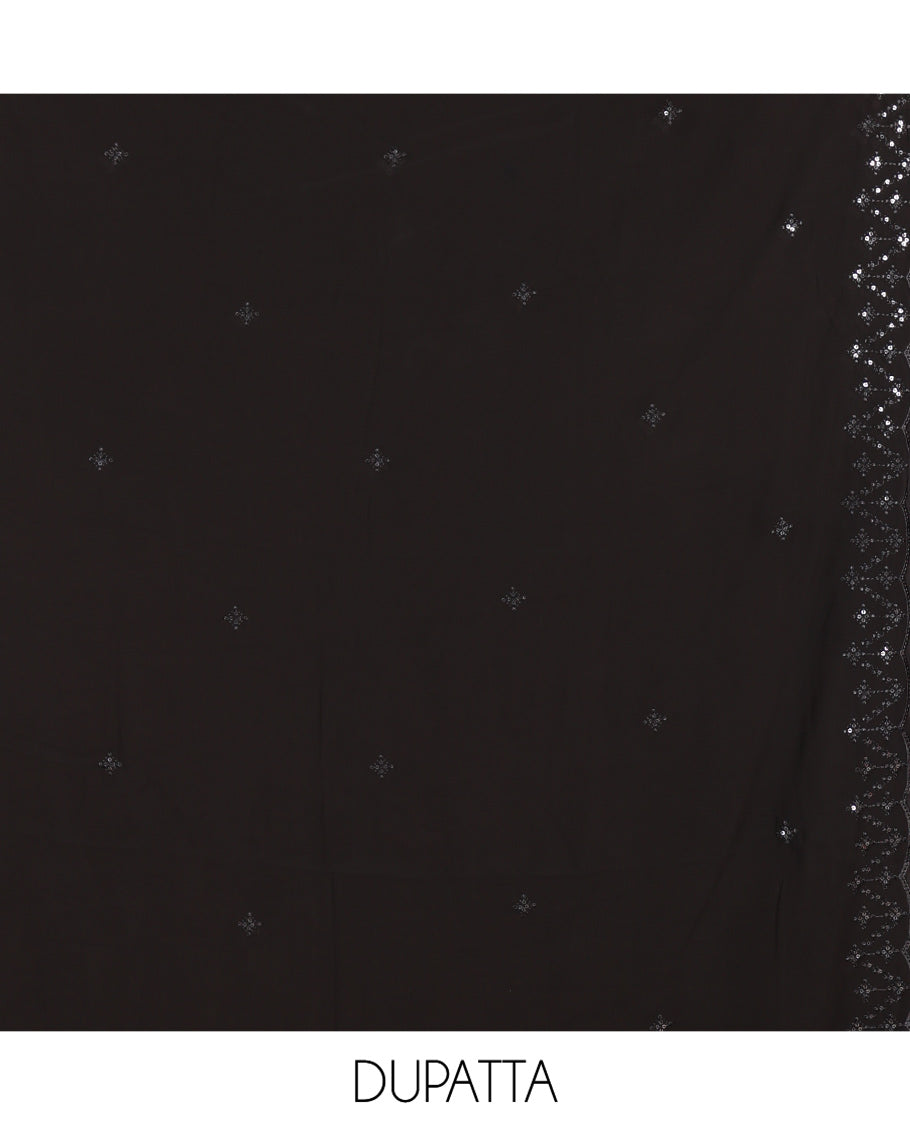 Black Georgette Material Churidar, Woven with Sequins Embroidered Top, a Matching Bottom, and Embroidered Dupatta