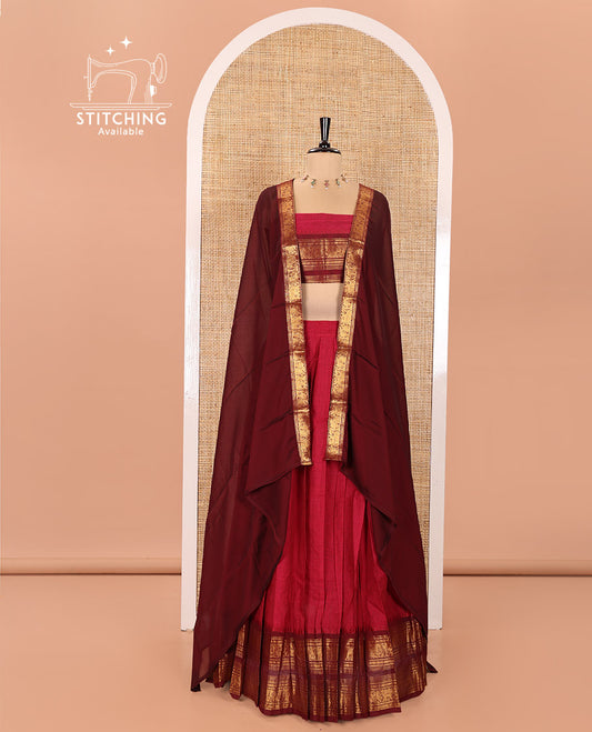 Rani Pink with Magenta Chettinad Cotton Half-Saree Featuring Plain Skirt, Complemented by Contrast Rettai Pettu Traditional Border of Peacock and Elephant Designs, Paired with a Matching Blouse, and a Satin Georgette Zari Bordered Dhavani