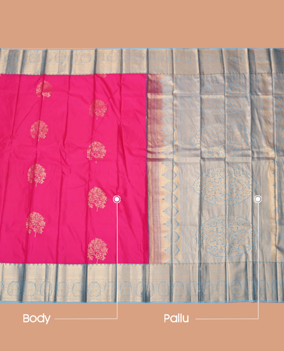 Pink Budget Silk Saree Showcasing Tree Motifs, Complemented by Contrast Traditional Zari Border, Grand Pallu and Contrast Blouse