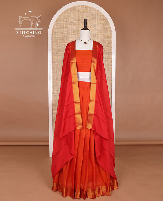 Orange mercerised cotton daman zari border half saree with cotton blouse &  georgette one side zari border