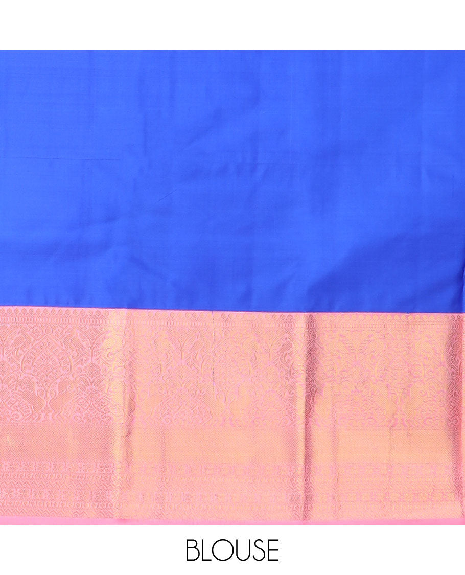 Blue leaf buttas silk saree with contrast intricate zari design border & floral zari design pallu