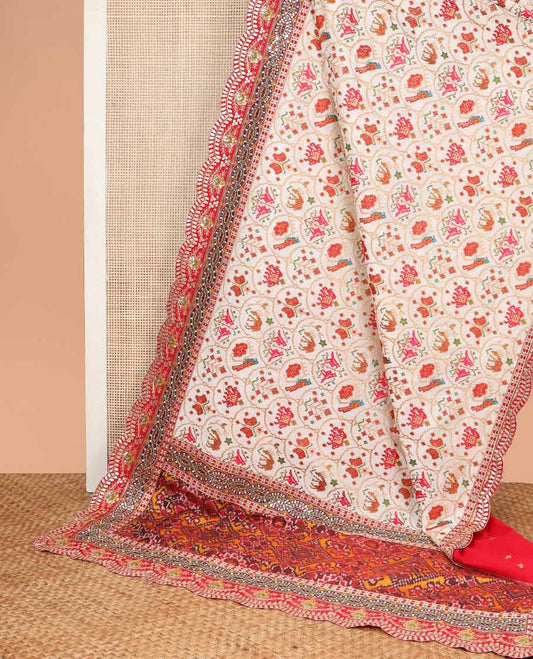 White ikkat style thread embroidery tussar silk saree with embroidery scallop border & floral ikkat style pallu