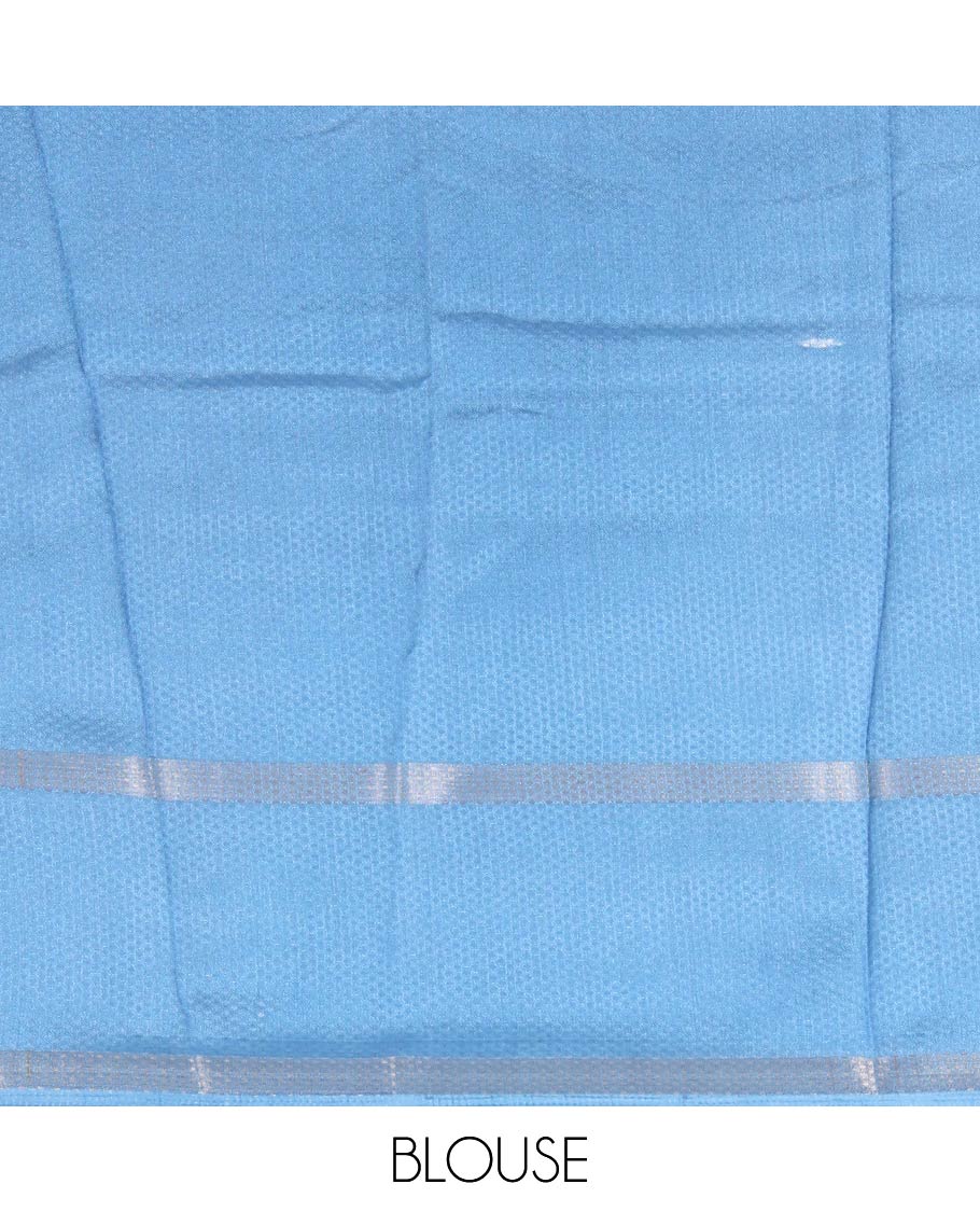 Blue embossed moss chiffon saree, contrast traditional rettai pettu border, embossed pallu, and a contrast embossed blouse