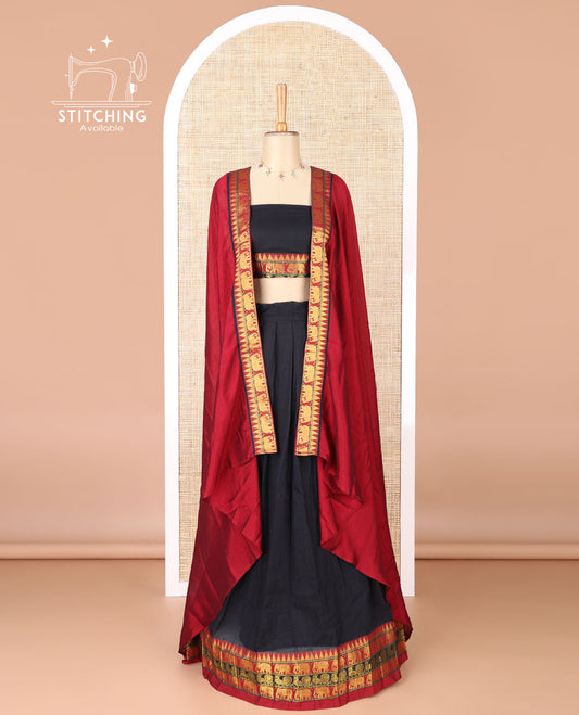 Black mercerised cotton daman zari border half saree with cotton blouse & skya georgette one side zari border