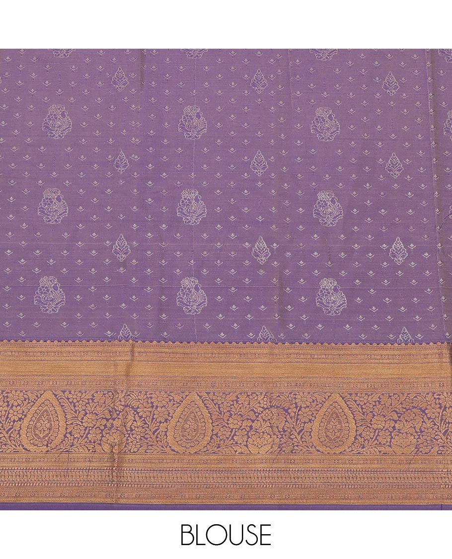 Sandal Art Silk Pavadai Material Set, Elevated with Embossed-effect and Zari Buttas Skirt, Complemented by a Contrast Traditional Zari Design Border, and Paired with a Contrast Blouse