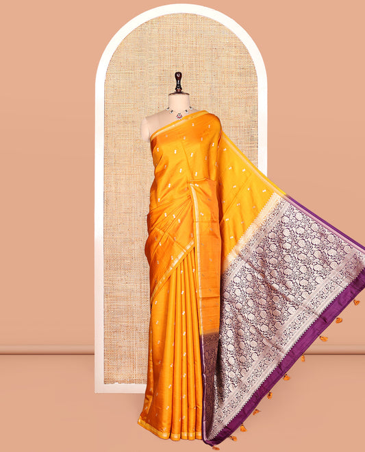 Orange Satin Silk Saree, Finely Crafted with Buttas, a Subtle Piping Border, Complemented by a Contrast Floral-Paisley Jaal Pallu, and a Contrast Blouse