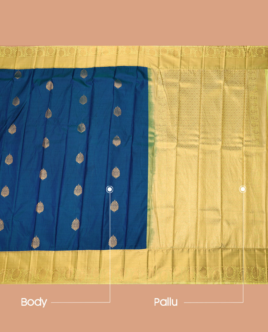 Blue Budget Silk Saree, Graced with Zari Buttas, Complemented by a Contrast Traditional Zari Border, Jaal Pallu, and a Contrast Blouse