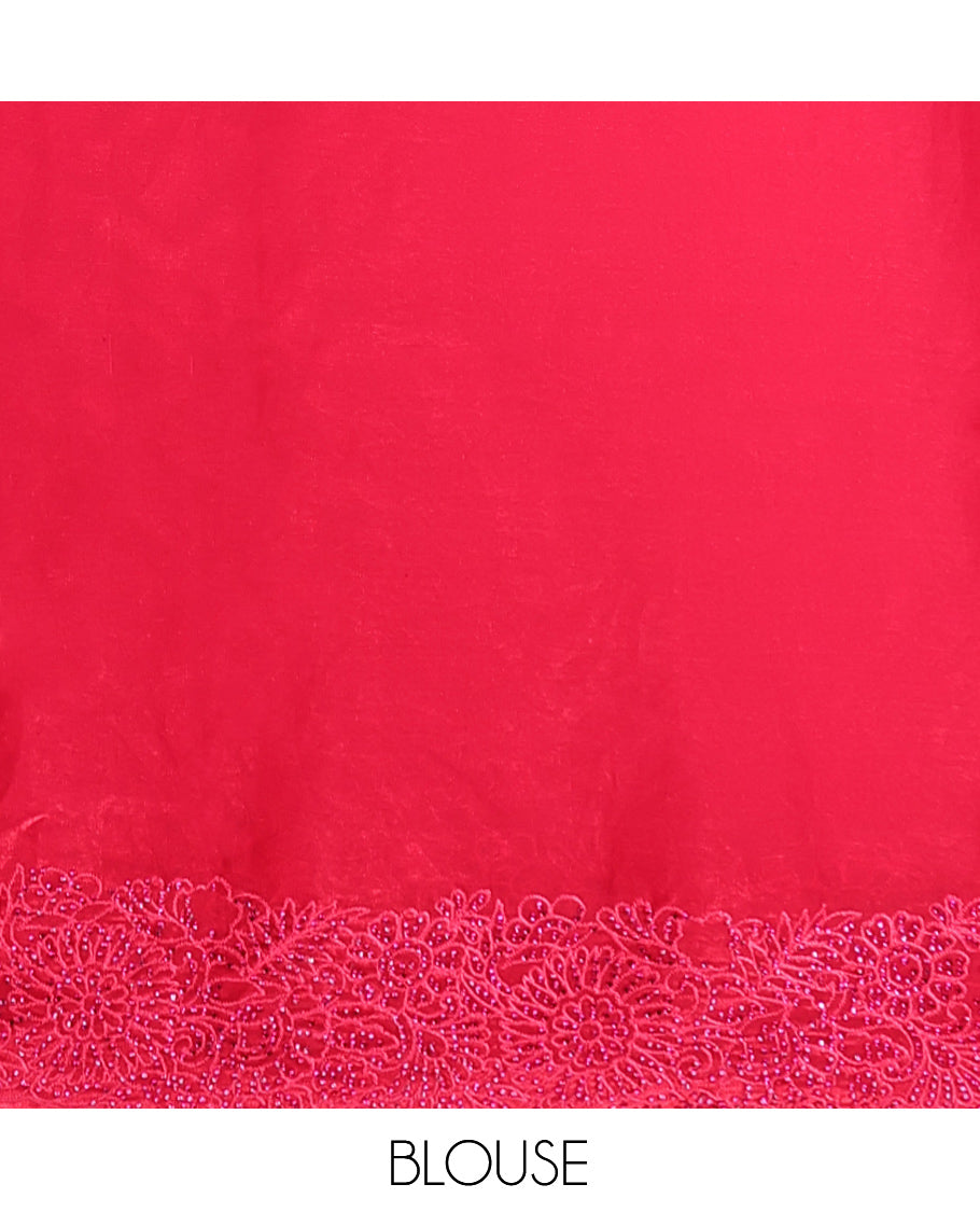Pink Designer Saree, Prettified with Leaf Stone Patchwork, a Scallop Floral Stonework Border, and a Matching Blouse