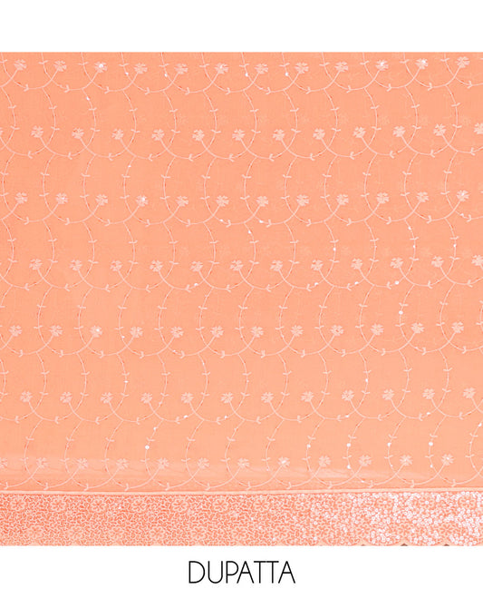 Peach Material Chudidar Set Features Sequin Embroidered Georgette Top, a Plain American Crepe Bottom, and a Scallop Dupatta Embellished with Floral Vine Embroidery