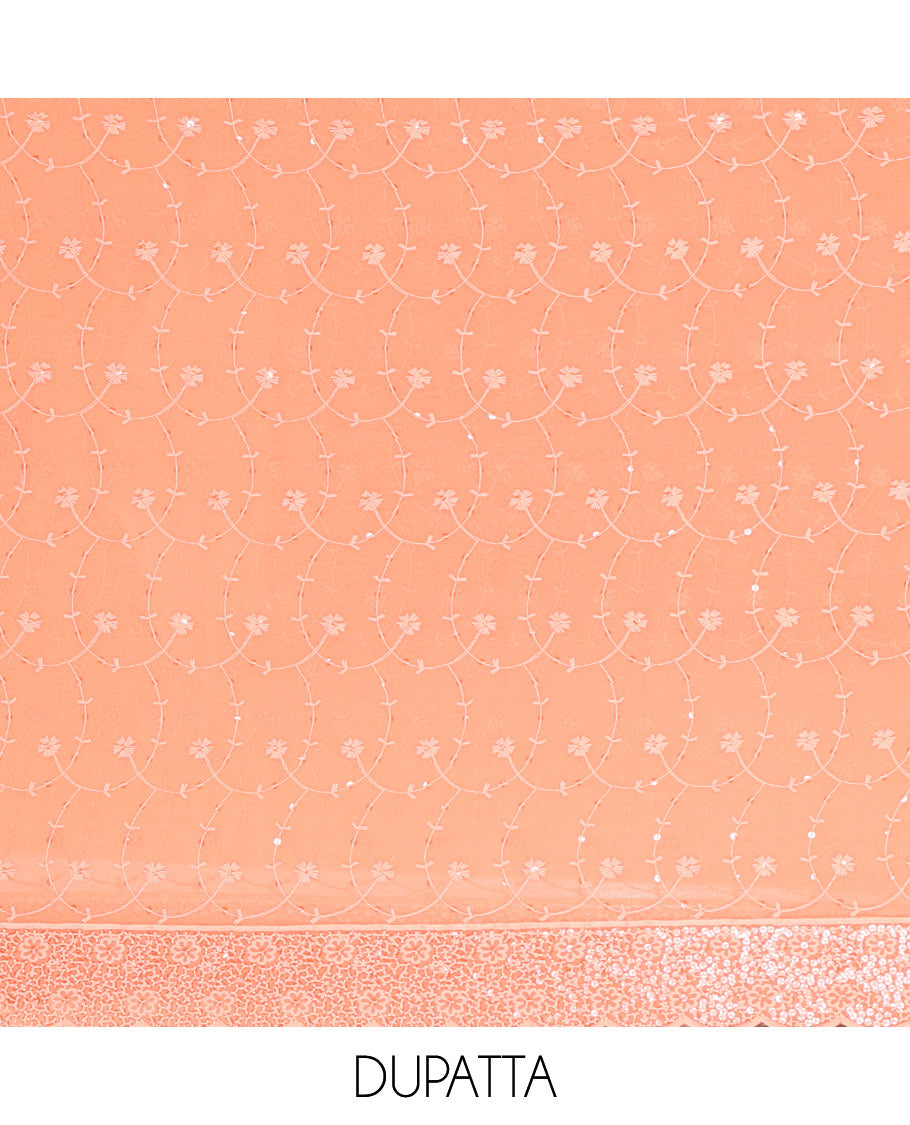 Peach Material Chudidar Set Features Sequin Embroidered Georgette Top, a Plain American Crepe Bottom, and a Scallop Dupatta Embellished with Floral Vine Embroidery