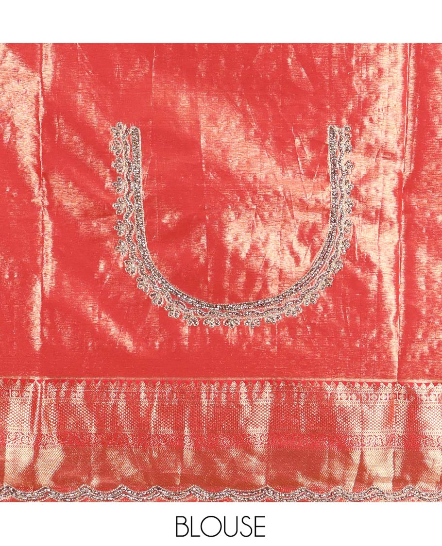 Red Vastrakala Silk Saree, Artfully Detailed with Floral Jacquard and Patch Stone Work, Highlighted by Traditional Zari and Stone Scallop Border, Grand Scallop Design Stone Work Pallu, and Paired with Heavy Embroidered Blouse