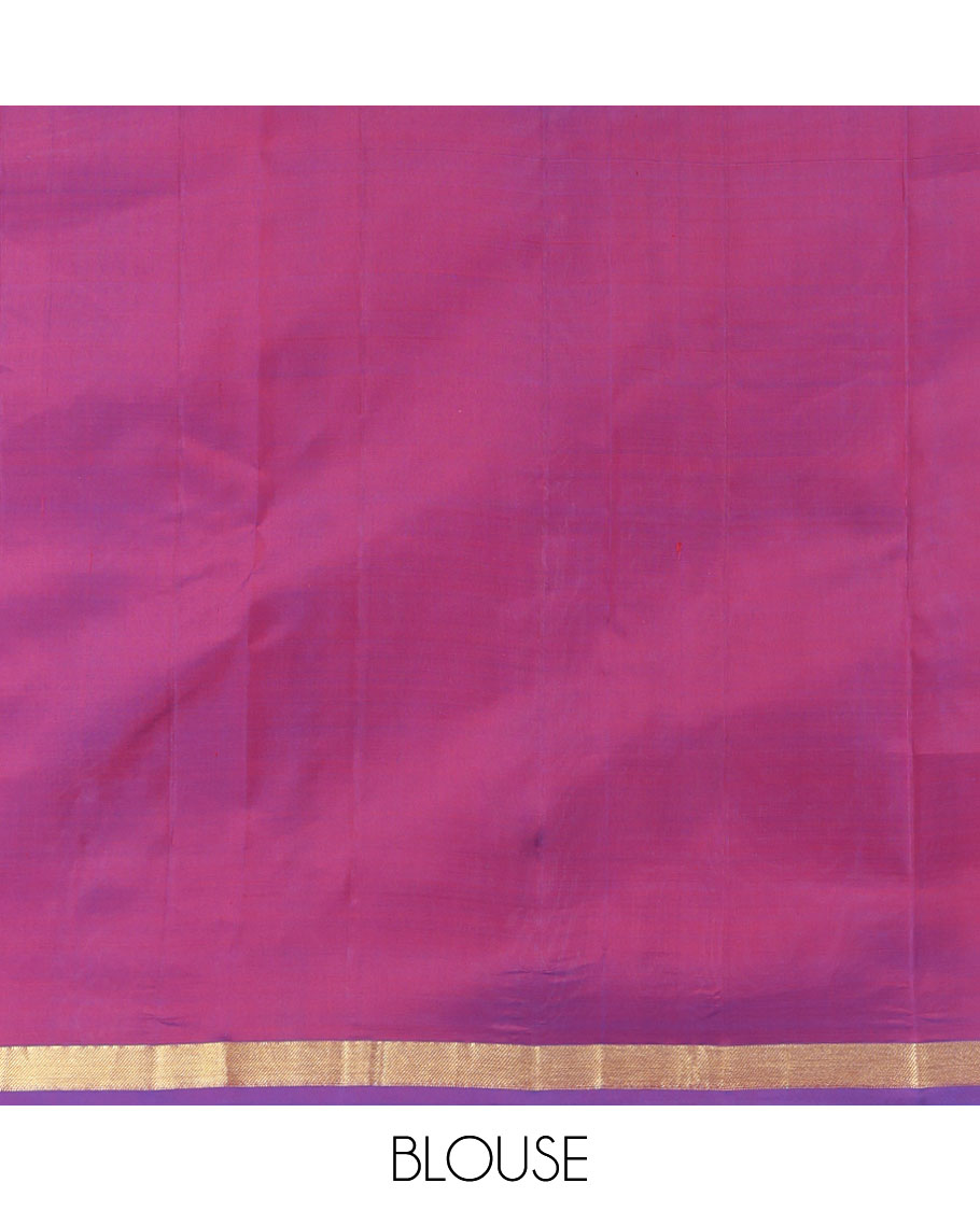 Pink Kanchipuram Silk Saree, Adorned with Buttas, Complemented by a Contrast Zari Striped Border, Pallu of Zari Design, and Contrast Blouse
