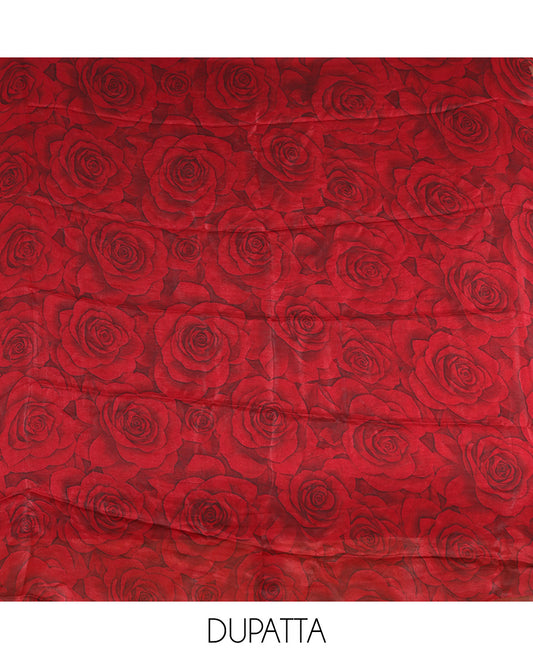 RedsMaroon Velvet Organza Designer Material Chudidar, Floral Embroidery Top, Plain Bottom, Rose Printed Dupatta