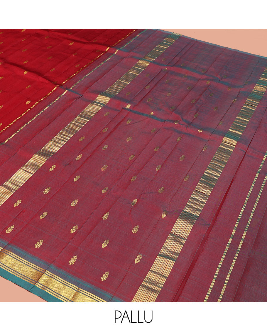 Red Kanchipuram Silk Saree, Woven with Zari Buttas, a Contrast One-Sided Border of Jaal Designs, a Zari-Design Pallu, and No Blouse