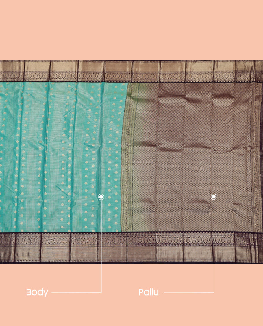 Blue Budget Silk Saree, Woven with Zari Buttas and Stripes, Complemented by a Contrast Traditional Zari Border, Grand Pallu, and a Contrast Blouse