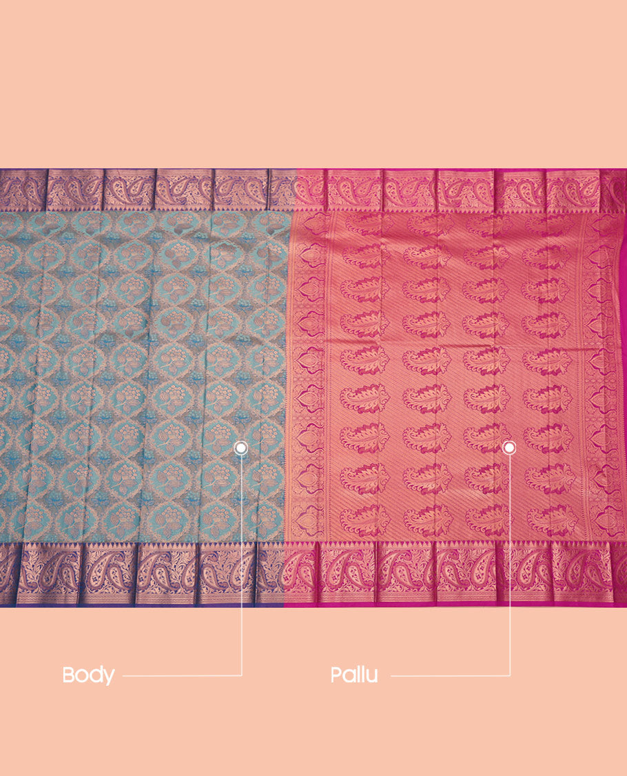 Blue Budget Silk Saree, Decorated with Floral Jacquard, Complemented by Contrast Paisley Zari Border, Intricate Pallu, and a Contrast Blouse