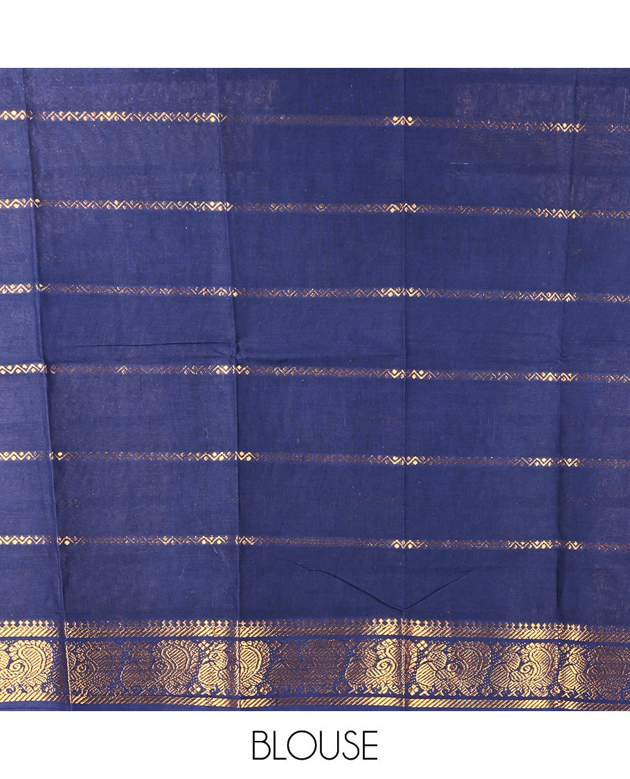 Blue Sungudi Cotton Saree, Elevated with Zari Buttas on Its Body, Complemented by a Contrast Retttai Pettu Traditional Zari Design Border, Zari-Striped Pallu, and Paired with a Contrast Blouse