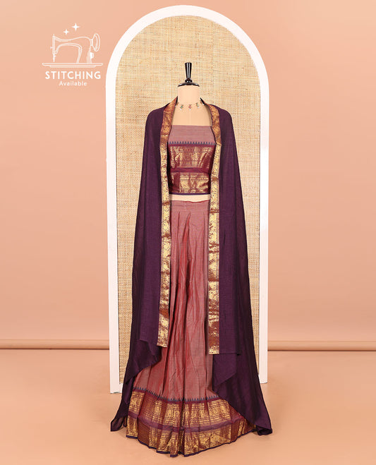 Dark Onion Pink-Wine Chettinad Cotton Half-Saree Featuring a Plain Skirt, Highlighted with a Contrast Peacock-Elephant Motifs Woven Rettai Pettu Zari Border, a Subtly Woven Matching Blouse, and a Vichitra Silk Contrast Traditional Zari-Bordered Dhavani