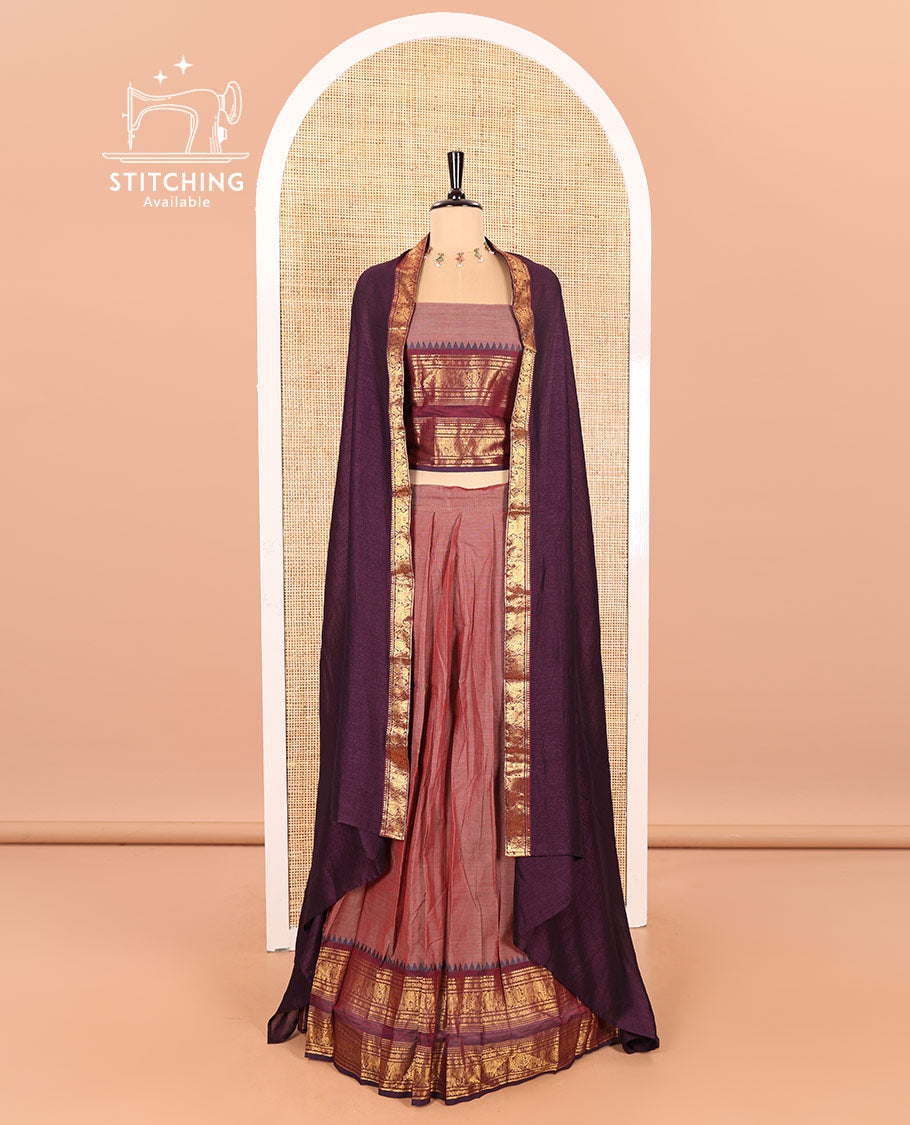 Dark Onion Pink-Wine Chettinad Cotton Half-Saree Featuring a Plain Skirt, Highlighted with a Contrast Peacock-Elephant Motifs Woven Rettai Pettu Zari Border, a Subtly Woven Matching Blouse, and a Vichitra Silk Contrast Traditional Zari-Bordered Dhavani